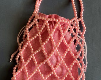 Pink Pearl Beaded Handbag, Handmade Pearl Purse, Coquette Bag, Bridal Mini Bag, Pink Evening Bag, Romantic Gift for Her