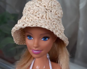 Doll clothes- BUCKET HAT for doll, Straw hat Tiny sun hat, Beach hat for doll 12 inch, Summer doll hat handmade clothes for 1:6 scale doll