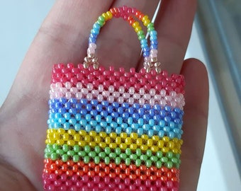 Miniature rainbow beaded bag for doll. Tiny beaded handbag 1/6 scale. Doll handbag. Doll beaded purse. Tiny Luxury Dollhouse Accessories