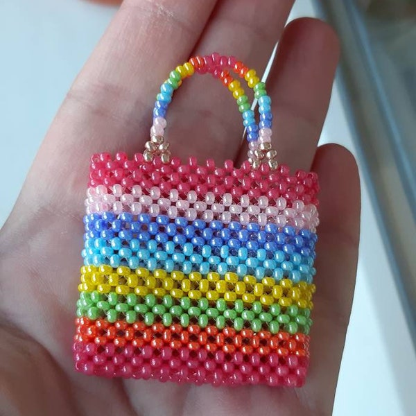 Miniature rainbow beaded bag for doll. Tiny beaded handbag 1/6 scale. Doll handbag. Doll beaded purse. Tiny Luxury Dollhouse Accessories