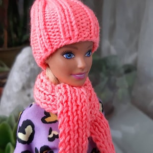 Clothes for doll set: Pink hat and scarf for doll 11.5 inch, Fall doll clothes 1/6 scale, Winter doll outfit, Fashion doll clothes handmade