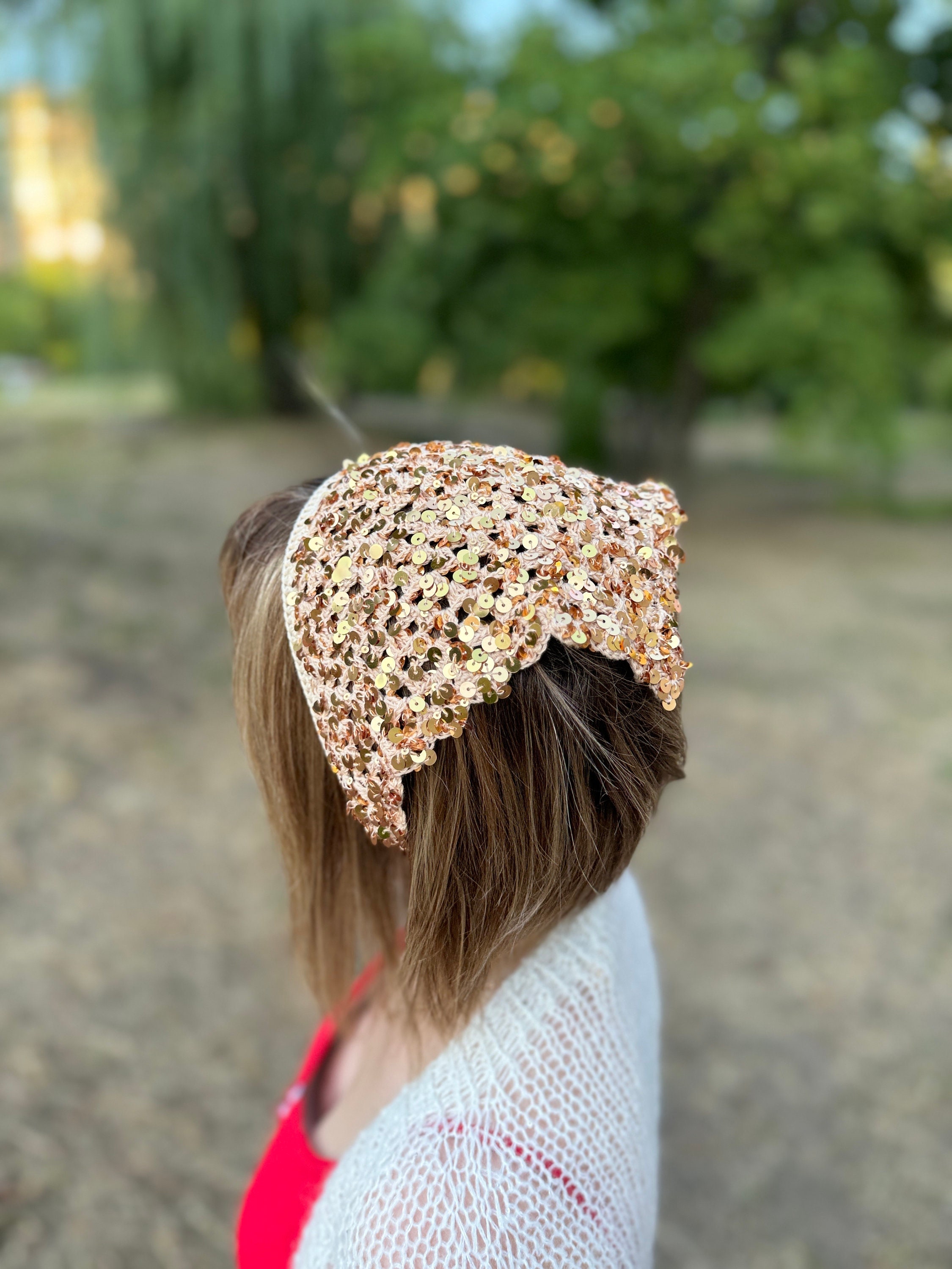 Sequin Bandana. Glitter Gold Shiny Lace Head Scarf. Festival  display picture 2