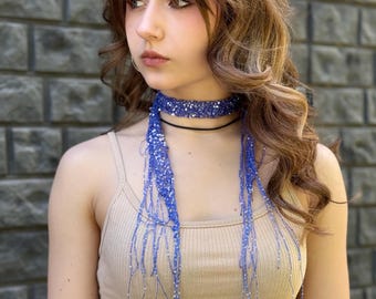Blue Sequin Skinny Scarf, Sparkly Scarf Necklace, Luxury Handmade Narrow Scarf Tie, Shiny Y2K Scarf, Glitter Choker Scarf