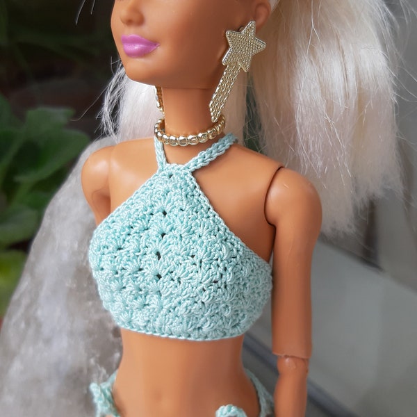 Doll clothes - Doll crop top 1:6. Mint crochet top for 11.5 inch dolls. Halter top for doll, doll outfit. Fashion doll clothes