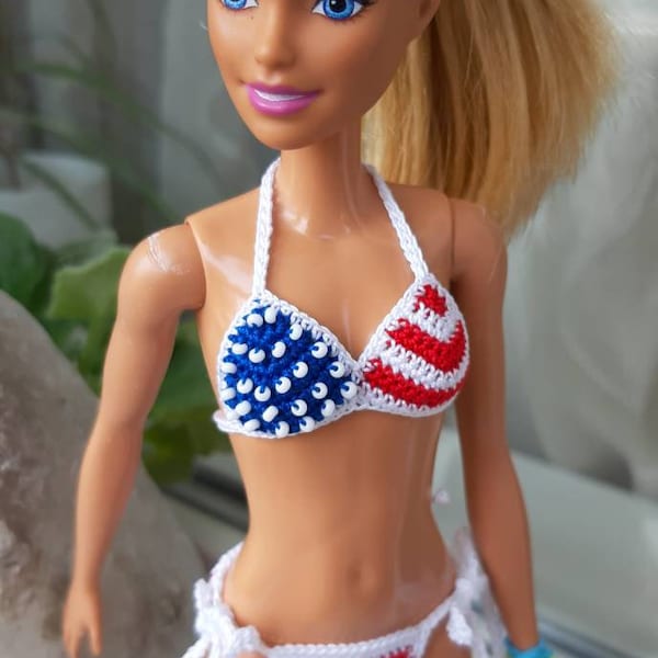 American Flag bikini for doll 11.5 inch, 1:6 scale doll swim suit, Fashion doll bathing suit, USA swimwear for dolls, 4th July doll clothes