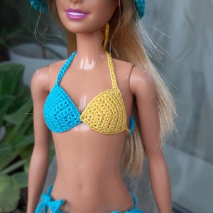 Doll bikini, Blue and yellow swim suit for fashion doll 11.5 inch, Striped bathing suit for doll, Doll Swimwear, Beach clothes 1:6 scale