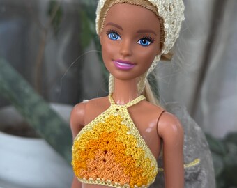 Doll crop top - Crochet Halter Top for 11.5-12 Inch Dolls, Yellow Striped Crop Top, Handmade Doll Clothes, 1:6 Scale Fashion Doll Outfit