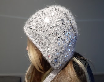 Sequin bonnet adult. Silver gray hat for women. Shiny bonnet hat. Winter knitted angora hat, trendy bonnet