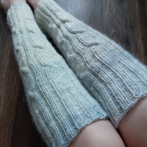 Long Leg warmers women, Alpaca cable knit  Legwarmers. Cozy Wool legwarmers pastel green-gray gradient. Dance and Yoga leg warmers handmade