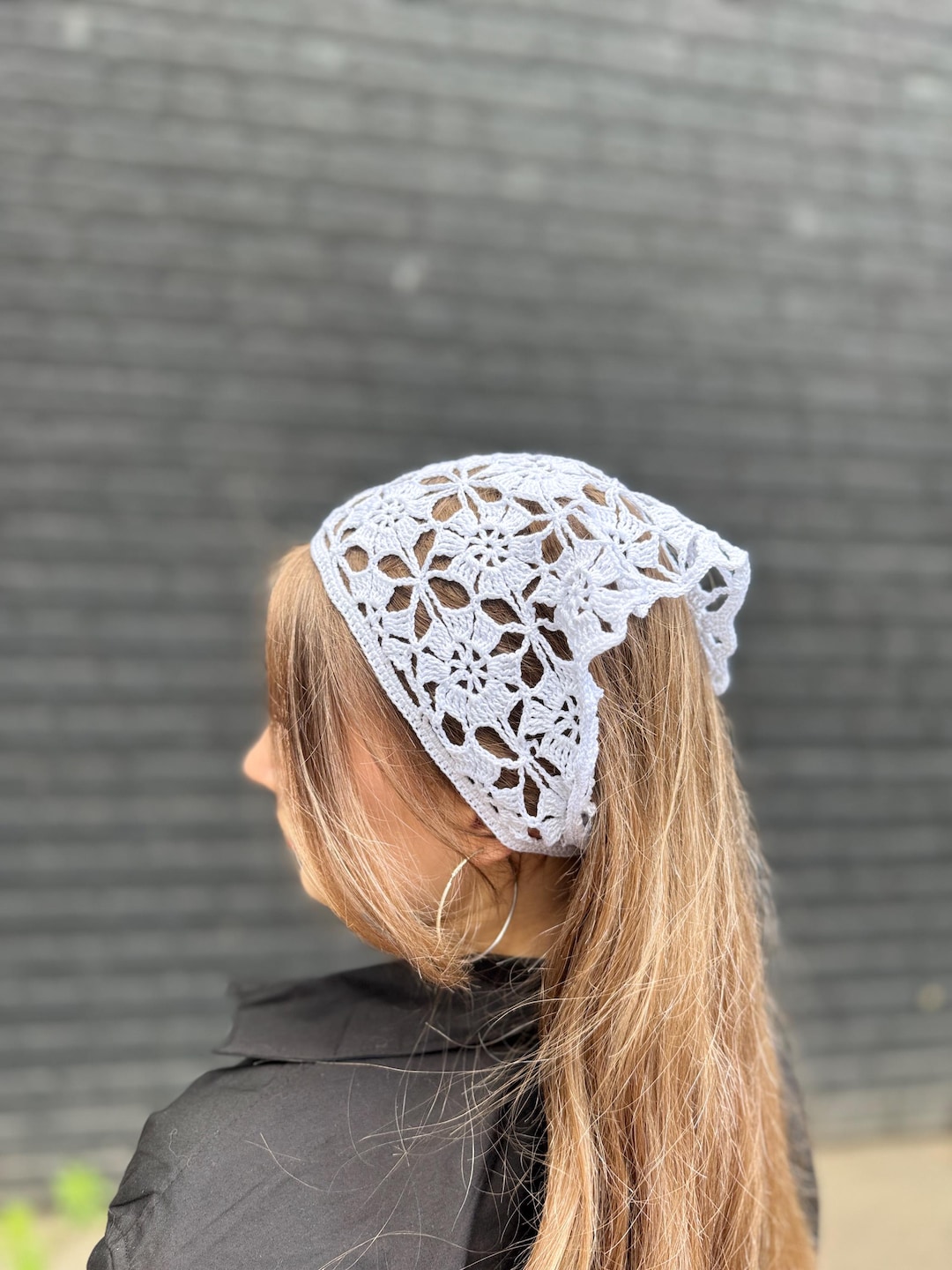 White Flower Head Scarf | Cotton Floral Bandana | Handmade Hair