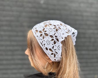 White Flower Head Scarf | Cotton Floral Bandana | Handmade Hair Scarf | Boho Summer Kerchief waist scarf | Lightweight Breathable Headwrap