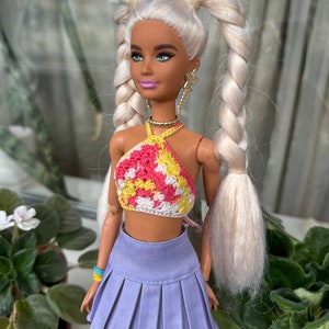 Doll clothes Doll crop top. Pink-white-yellow pixel crochet top for 12 inch dolls. Halter top for doll, doll outfit. Clothes 1:6 scale doll