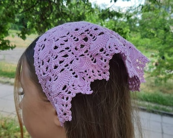 Lilac Bandana Beach Lace Crochet Bandana Boho Headpiece Cotton Kerchief Crochet Triangle Kerchief Lace Head Scarf Summer Headband