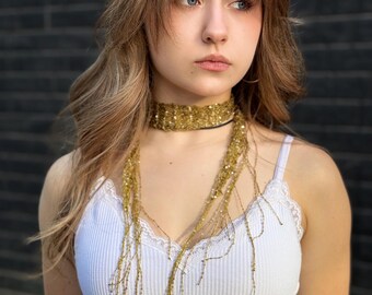 Chartreuse Sequin Skinny Scarf, Luxury Handmade Scarf Necklace, Sparkly Choker Scarf, Elegant Narrow Scarf, Quiet Glam Accessory