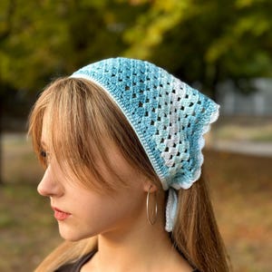 Blue/White bandana headband. Summer cotton kerchief head scarf. Lace bandana hair accessory