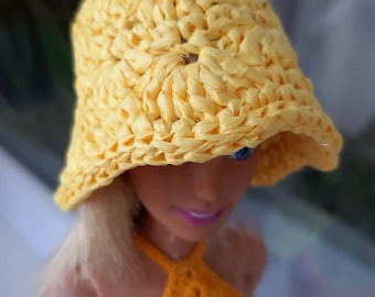 BUCKET HAT 1:6 scale doll, Straw hat for doll,Tiny sun hat, Cloche hat for doll 11.5 inch, Summer hat for dolls, Beach doll clothes handmade