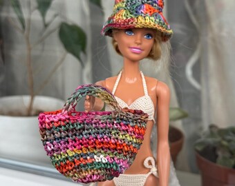 Miniature Raffia Doll Beach Bag, Mini Straw Tote, Colorful Handmade Doll Handbag, Accessory 1:6 scale, Summer Doll Purse, Boho Mini Bag