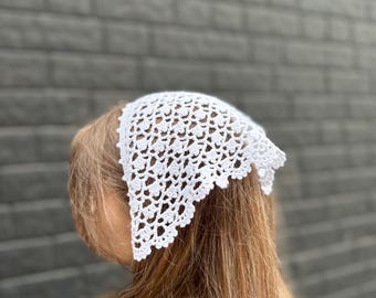 White lace head scarf, handmade kerchief headpiece, Bandana beach head cover, Triangle kerchief headband, Hand crocheted headscarf