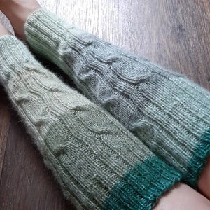 Alpaca cable knit long Leg warmers women. Soft wool legwarmers green-beige-gray gradient. Dance and Yoga leg warmers hand knit