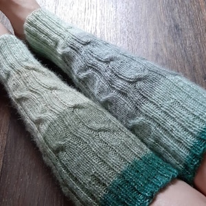 Alpaca cable knit long Leg warmers women. Soft wool legwarmers green-beige-gray gradient. Dance and Yoga leg warmers hand knit