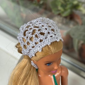 Doll clothes 1/6 - mini BANDANA for doll 11.5-12 inch, shiny Silver bandana head scarf doll headband, Tiny crochet bandannas for dolls