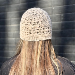 Peach Lace Knit Bonnet Hat, Hand Knitted Mohair Bonnet, Openwork Head Scarf, Handmade Hair Accessory, Soft Romantic Headwear image 6