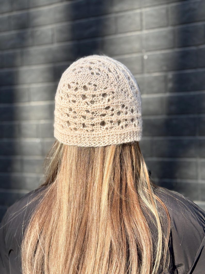 Peach Lace Knit Bonnet Hat, Hand Knitted Mohair Bonnet, Openwork Head Scarf, Handmade Hair Accessory, Soft Romantic Headwear image 6