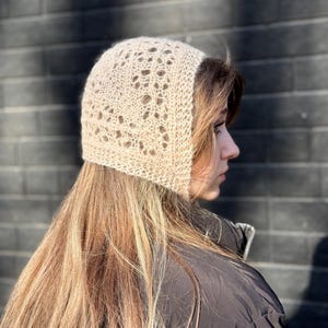 Peach Lace Knit Bonnet Hat, Hand Knitted Mohair Bonnet, Openwork Head Scarf, Handmade Hair Accessory, Soft Romantic Headwear image 3