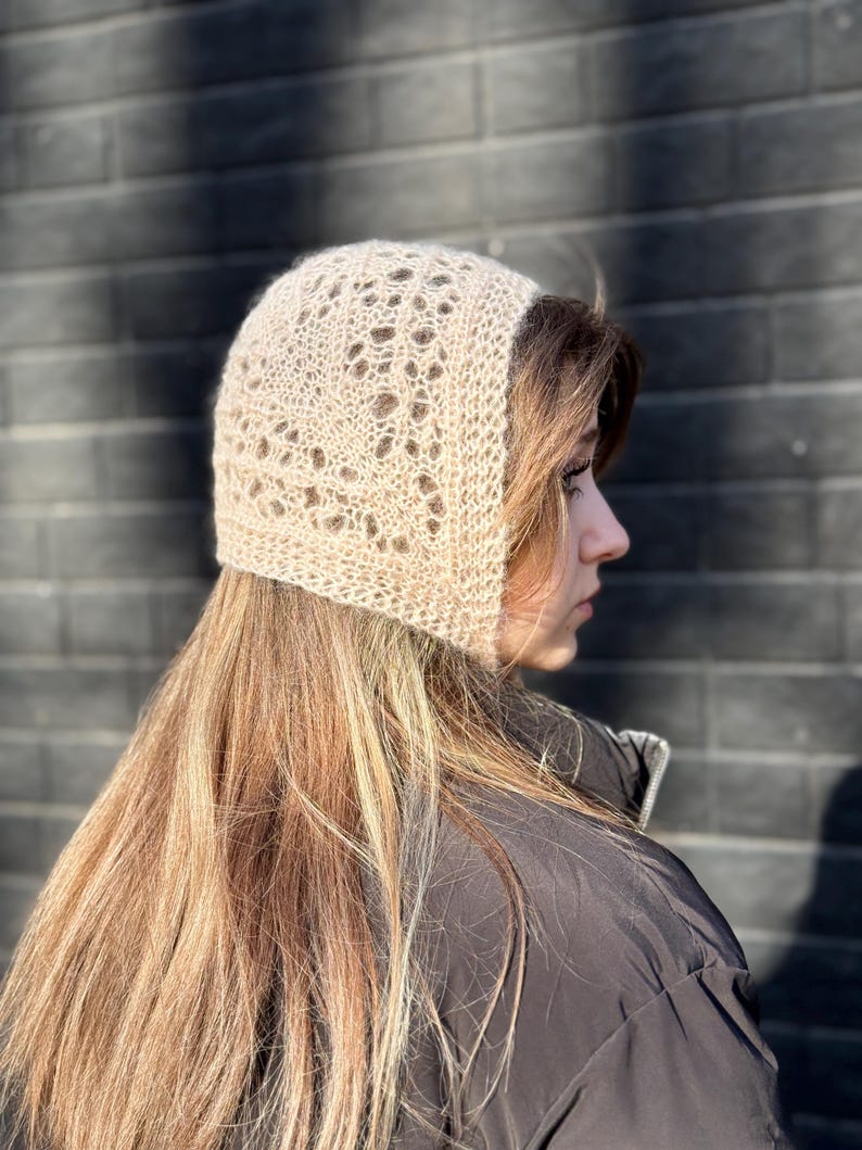 Peach Lace Knit Bonnet Hat, Hand Knitted Mohair Bonnet, Openwork Head Scarf, Handmade Hair Accessory, Soft Romantic Headwear image 3