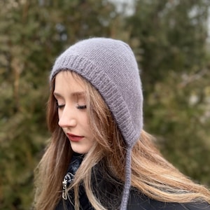 Hand knitted gray bonnet hat for women, Angora Bonnet adult, many colors. Hooded Fuzzy hat handmade