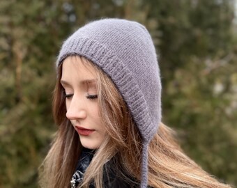 Hand knitted gray bonnet hat for women, Angora Bonnet adult, many colors. Hooded Fuzzy hat handmade