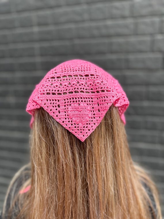 Hot Pink Crochet Bandana Church Veil Head Scarf With - Main Image