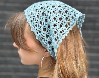 Light Blue Linen Crochet Head Scarf, Boho Triangle Bandana, Luxury Italian Linen Kerchief, Handmade Head Wrap Waist Scarf