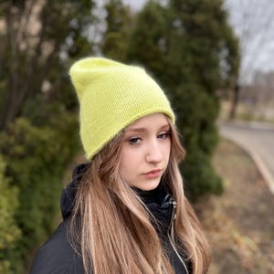 Lime cream hat beanie slouchy, Soft fuzzy angora hat neon lime green yellow beanie, Hand knitted winter spring hat for women