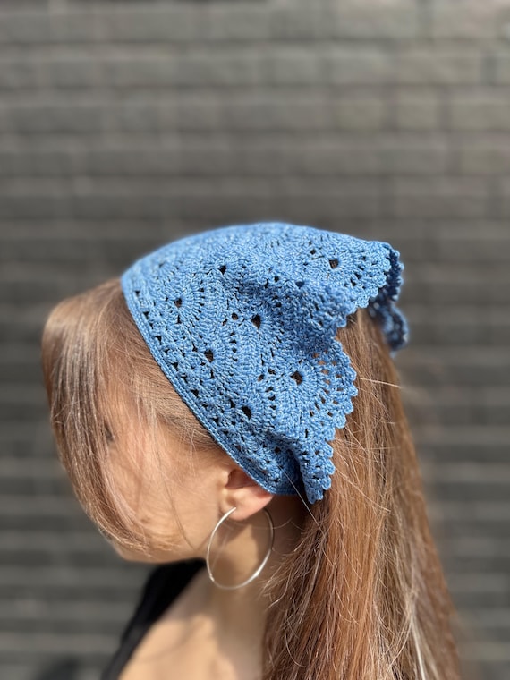 Shiny Blue Bandana Headscarf, Lace Crochet Bandana Handmade  display picture 2