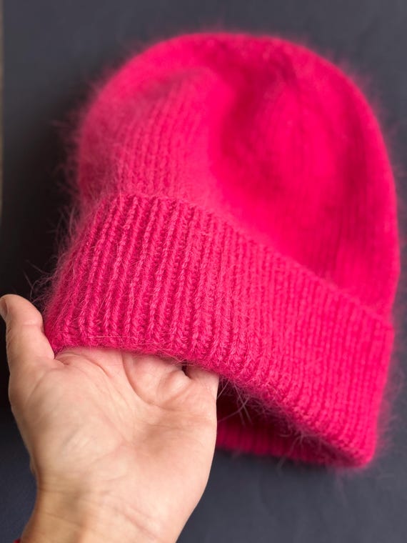 Neon Pink Beanie Hat, Warm Fluffy Angora Hat, Hand Knit Winter Hat