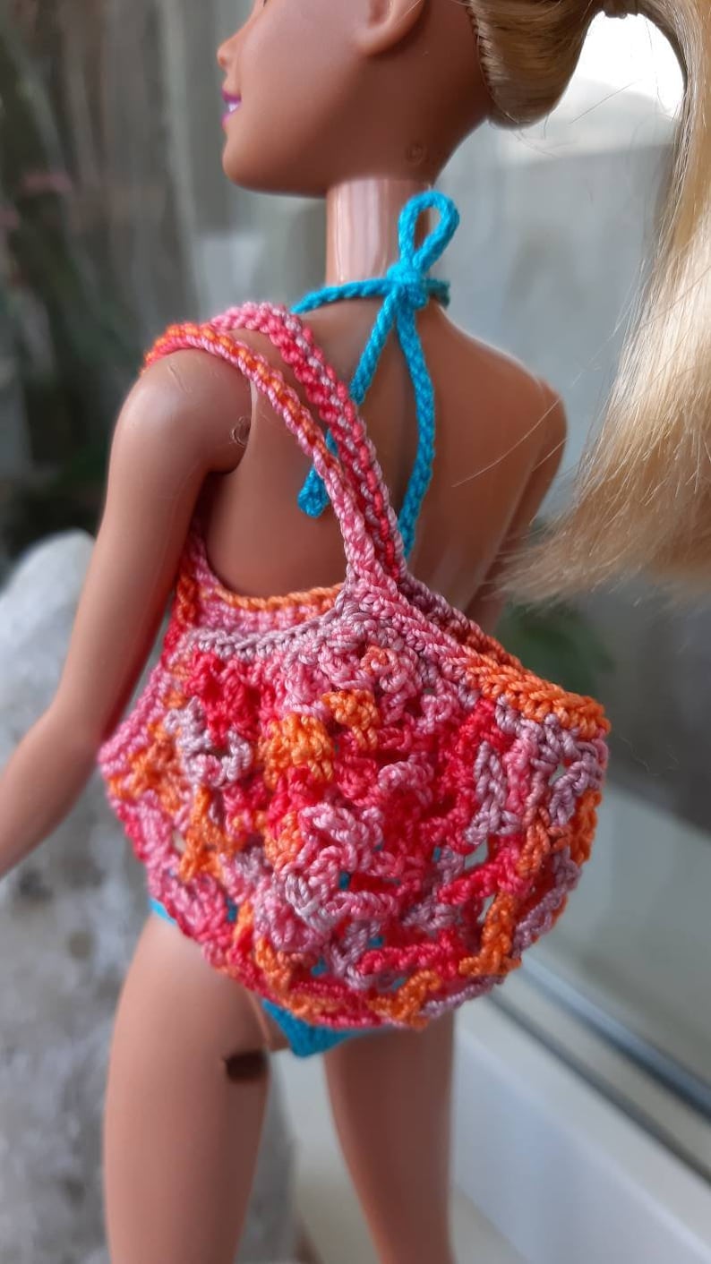 Orange Miniature String Bag for doll. Dollhouse Accessories shops 1:6 scale doll. Tiny Retro Net Bag. Shopping Bag for Dolls. Beach doll handbag