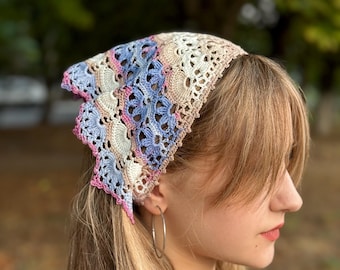 Foulard rayé en dentelle de coton et bandana au crochet, foulard esthétique fille épurée, foulard bohème style Pinterest, foulard estival fait main