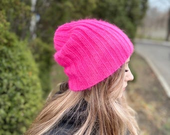 Neon pink beanie hat, Warm fluffy angora hat, Hand knit winter hat for women, Soft Angora hat for girls