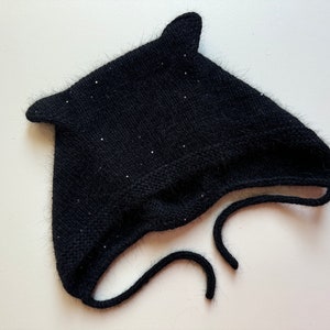 Black Cat ear hat bonnet adult. Knitted angora bonnet winter, Kitty hat sequins bonnet women, Fuzzy angora hat for women, Funny gift for her