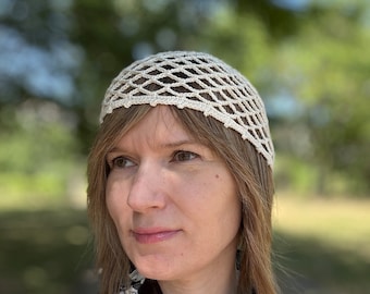 Gorro de malla de algodón color marfil, estilo bohemio, de red, de ganchillo, hecho a mano, de malla, estilo retro, de encaje para verano.