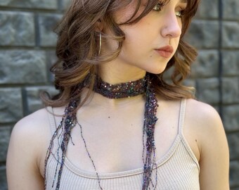 Luxury Sequin Skinny Scarf, Sparkly Narrow Scarf Necklace, Hand Knitted Designer Scarf Tie, Shiny Y2K Glitter Scarf, Elegant Handmade Scarf