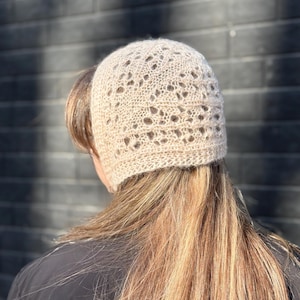 Peach Lace Knit Bonnet Hat, Hand Knitted Mohair Bonnet, Openwork Head Scarf, Handmade Hair Accessory, Soft Romantic Headwear image 7