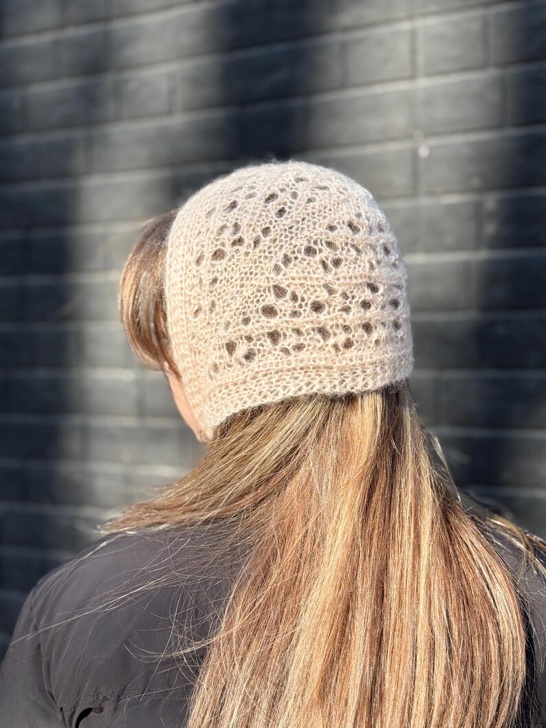 Peach Lace Knit Bonnet Hat, Hand Knitted Mohair Bonnet, Openwork Head Scarf, Handmade Hair Accessory, Soft Romantic Headwear image 7