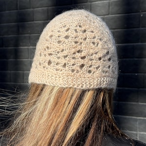 Peach Lace Knit Bonnet Hat, Hand Knitted Mohair Bonnet, Openwork Head Scarf, Handmade Hair Accessory, Soft Romantic Headwear image 8