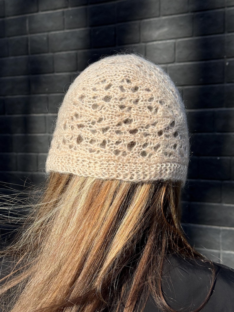 Peach Lace Knit Bonnet Hat, Hand Knitted Mohair Bonnet, Openwork Head Scarf, Handmade Hair Accessory, Soft Romantic Headwear image 8