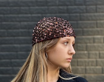 Bonnet marron scintillant avec paillettes - Bonnet en filet au crochet, bonnet en dentelle rétro, chapeau brillant fait main