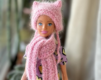 Cappello a forma di gatto per bambola 1/6, cappello a forma di cuffia rosa per bambola da 11,5-12 pollici, cappello in miniatura per bambola, cappello e sciarpa per bambole Kitty, vestito da bambola alla moda