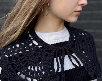 Col en dentelle épais surdimensionné noir | Grand collier au crochet amovible fait main | Tour de cou de style vintage pour femme