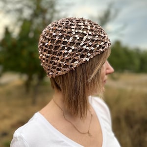 Beige mesh beanie hat with sequins, sparkly beanie net hat crochet hat mesh scull cap beanie Retro style shiny Lace hat